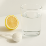 Dosage collagène marin - cuillère doseuse et verre d eau